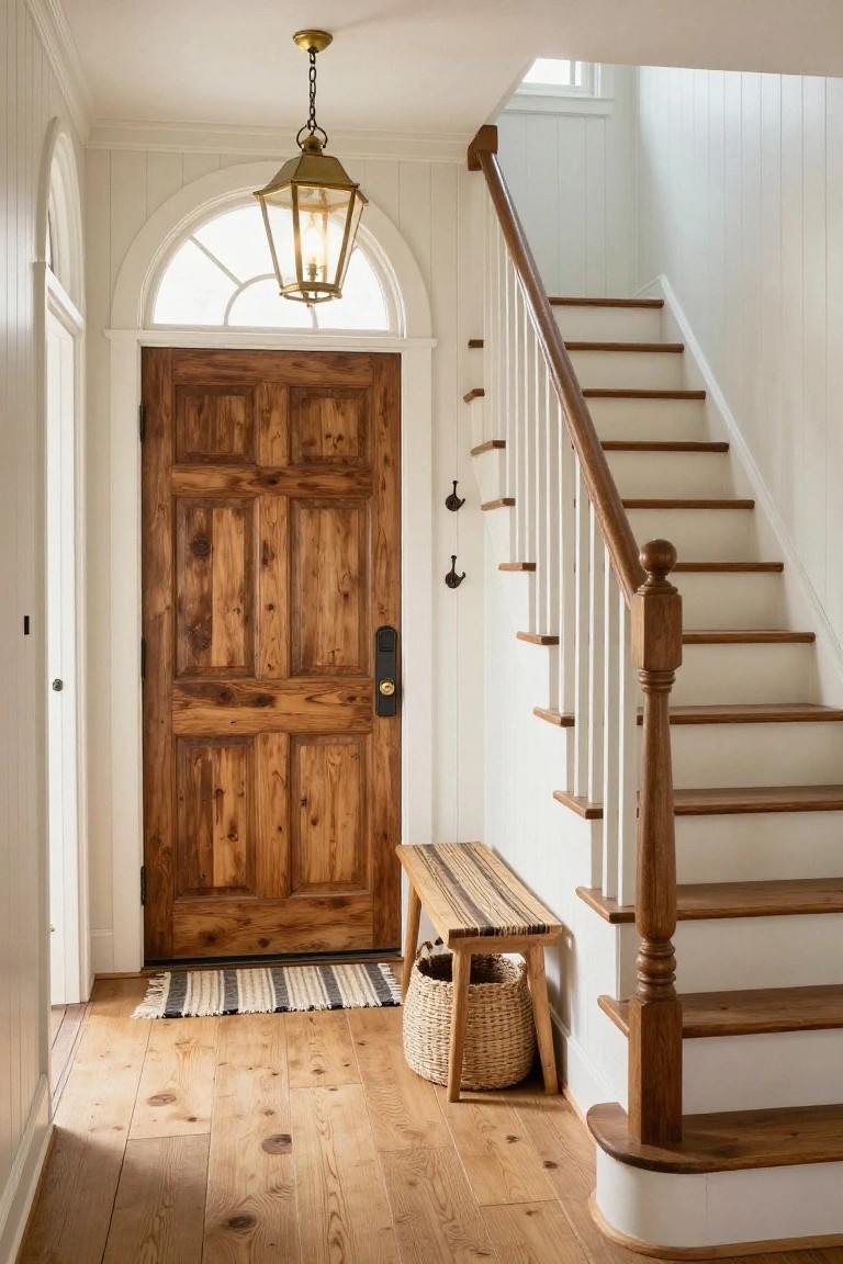 Bright interior entry hall with white paneled walls, arched doorway and window, dark wooden paneled front door, oak staircase with white balusters, wooden bench with striped cushion, striped rug, and wicker basket on wide plank hardwood floors.