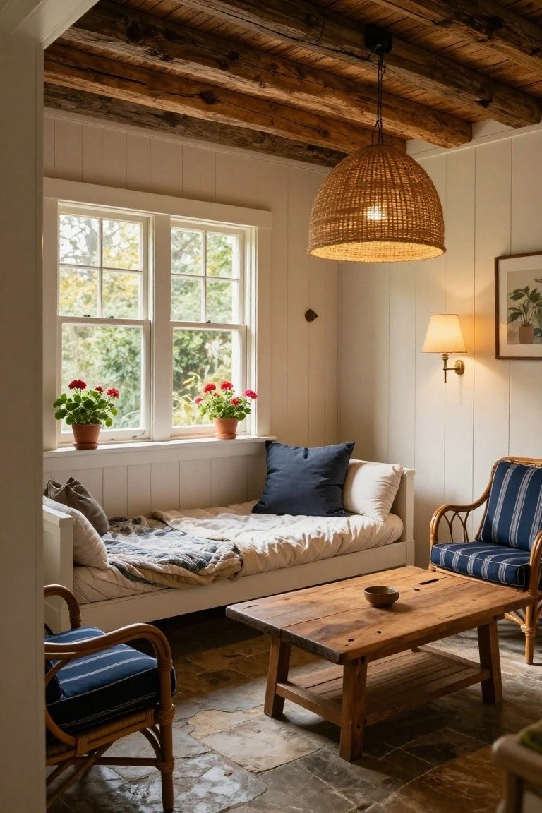Cozy farmhouse interior room with exposed dark wooden ceiling beams, white shiplap walls, large double-hung windows with red geranium pots on sills, a low white daybed with blue pillows and gray throw, wooden coffee table, blue-striped rattan chairs, and stone tile floor.