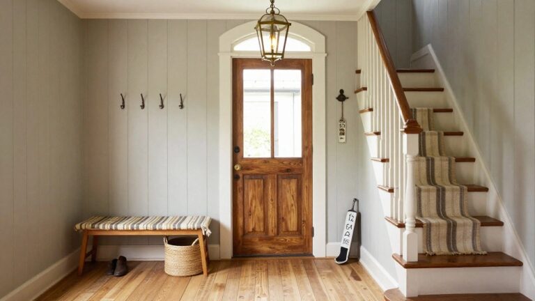 Bright interior entry hall with white paneled walls, arched doorway and window, dark wooden paneled front door, oak staircase with white balusters, wooden bench with striped cushion, striped rug, and wicker basket on wide plank hardwood floors.
