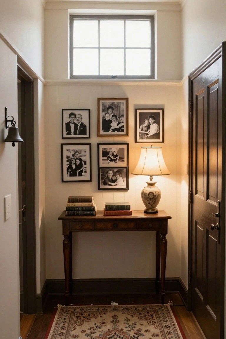 Narrow interior hallway featuring a wooden console table with stacked books and a ceramic lamp, a gallery wall of black-and-white family photos, paneled walls, two doors, and a patterned rug on wood floors.