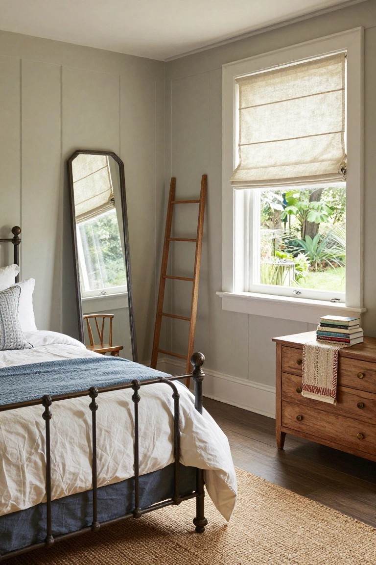Bedroom interior with pale gray paneled walls, black iron bed with white linens and blue throw, leaning wooden ladder, full-length oval mirror, wooden chair, antique dresser with books and towel, linen roman shade on window showing garden view, and seagrass rug.