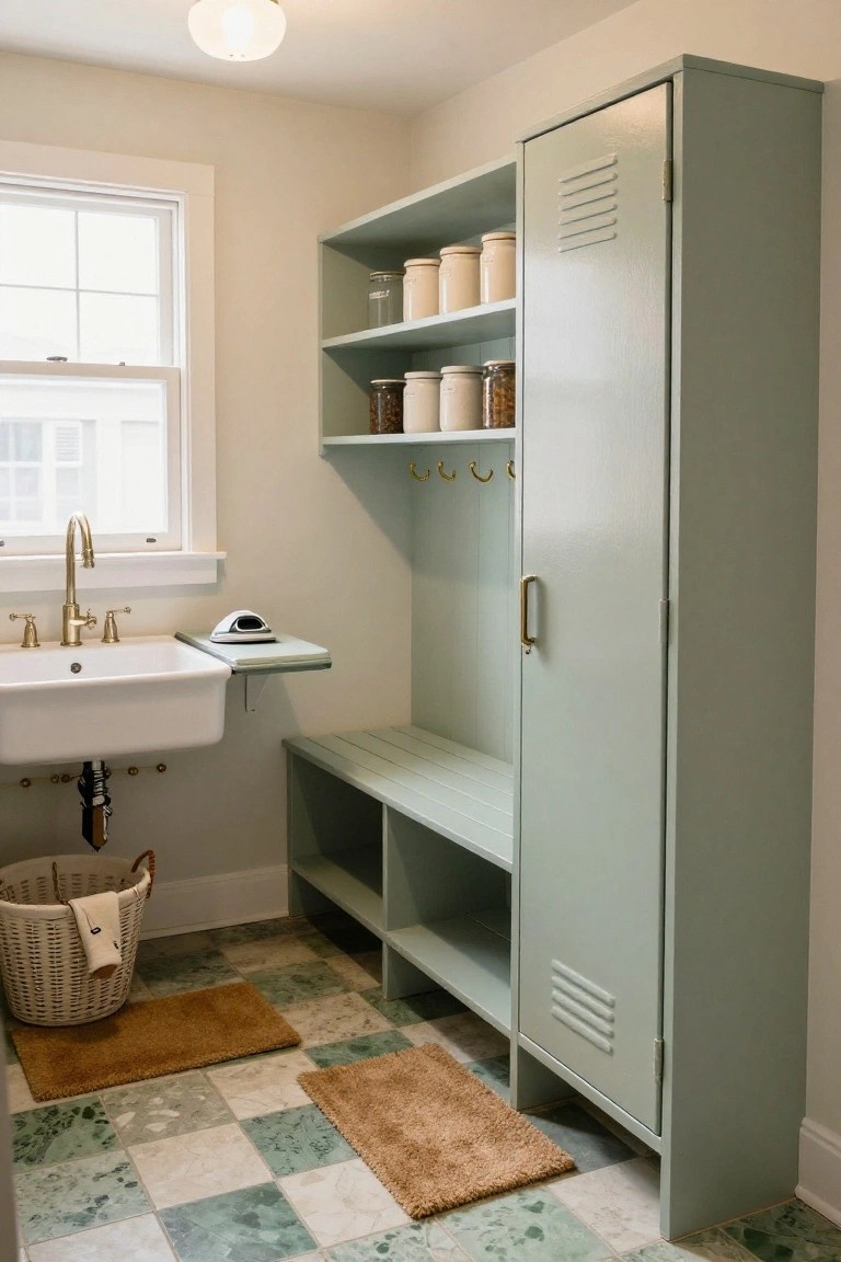 Tall sage green metal locker cabinet with bench below, hooks, open shelves stocked with jars, next to white farmhouse sink and laundry basket on checkered green tile floor.