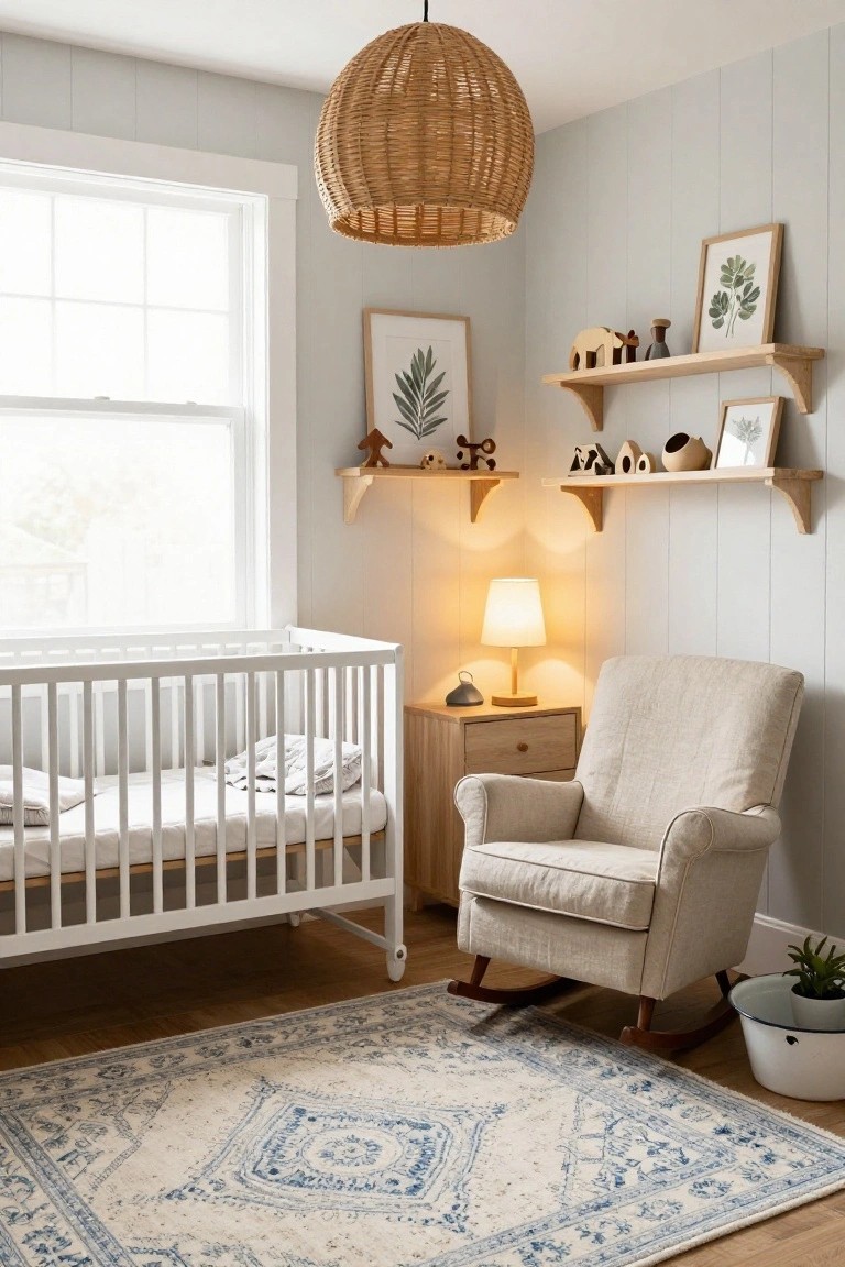 Light gray shiplap-walled nursery with white crib, beige rocking chair, wooden dresser and shelves holding toys and plants, rattan pendant light, table lamp, and blue-cream patterned rug on wood floor.