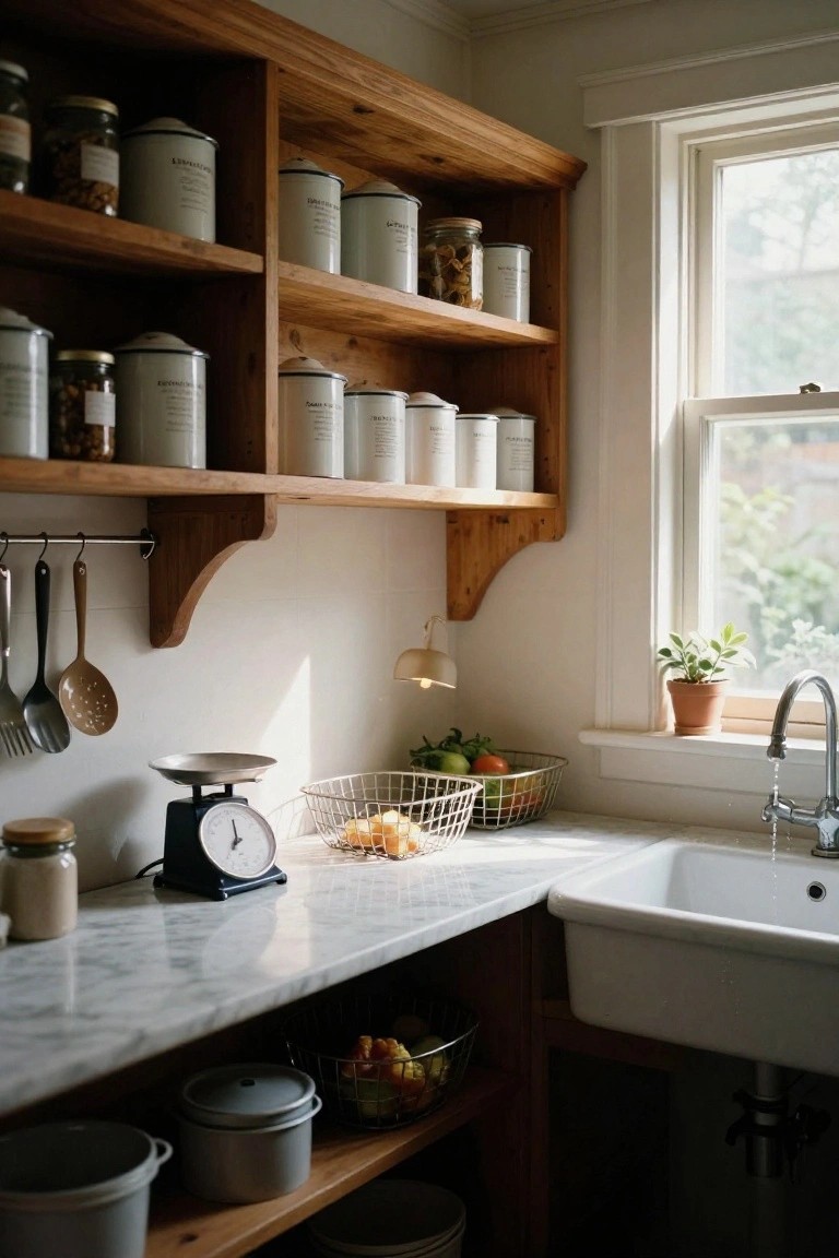 Kitchen corner with wooden open shelves stocked with white enamel canisters, glass jars of nuts and spices, marble countertop holding a scale and wire basket of vegetables and oranges, hanging utensils, and white farmhouse sink under a window.