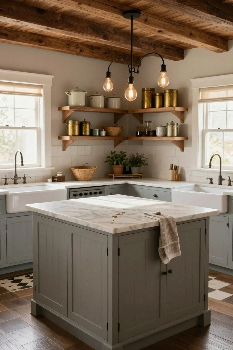 Farmhouse kitchen with exposed wood beam ceiling, black pendant lights, open wooden shelves displaying white pots and brass canisters, gray shaker cabinets, white marble island, and white farmhouse sinks.