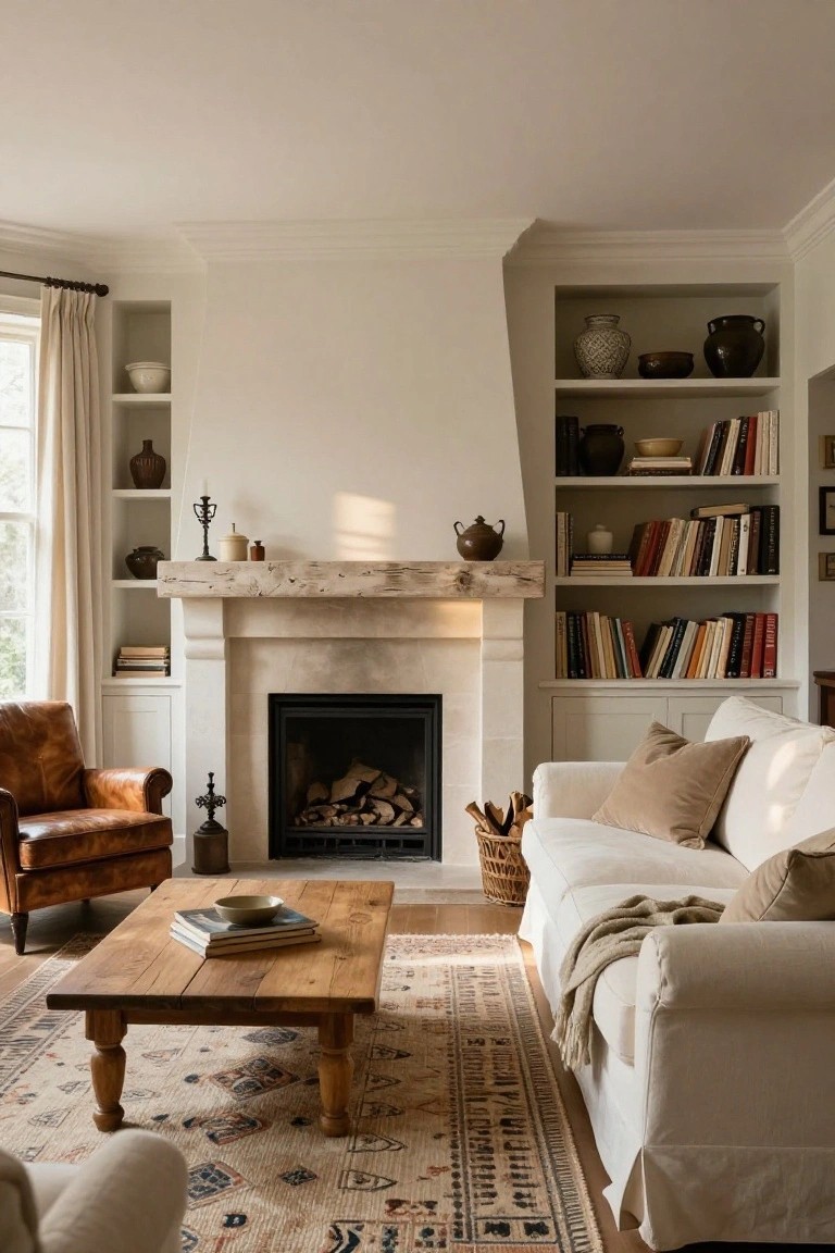 Living room interior with limestone fireplace under rustic wooden mantel, built-in white bookshelves on both sides holding books ceramics and vases, cream sofa with pillows and throw, tan leather armchair, wooden coffee table, woven basket, and Persian rug on wood floor.