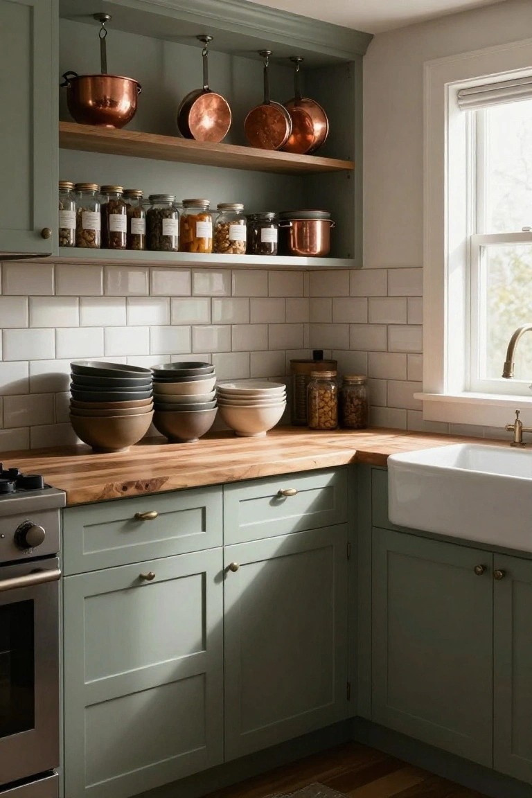 Corner view of a sage green shaker-style kitchen with live-edge wood countertop, white subway tile backsplash, farmhouse sink, hanging copper pots on open shelves, glass jars, and stacked ceramic bowls on the counter.