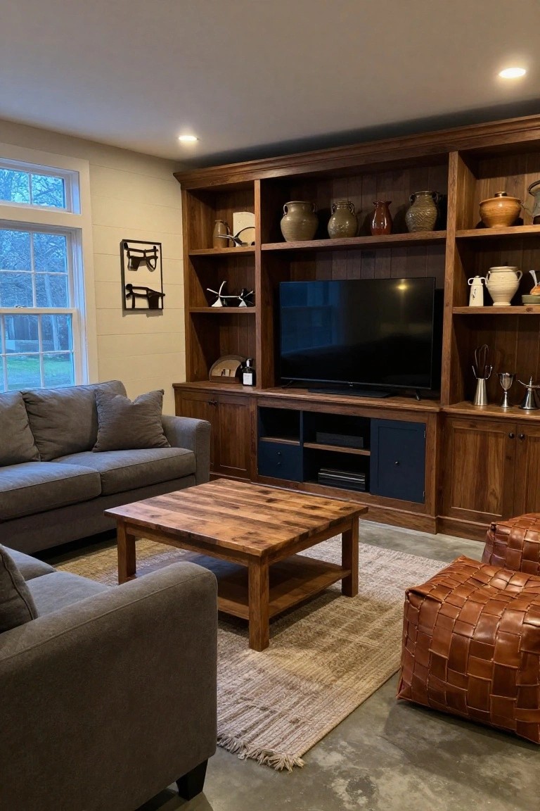 A living room with tall wood built-in cabinetry featuring an integrated TV screen, open shelves displaying pottery and decor, closed navy lower cabinets, a gray sofa, wood coffee table, seagrass rug, and orange woven leather poufs on a polished concrete floor next to a window.