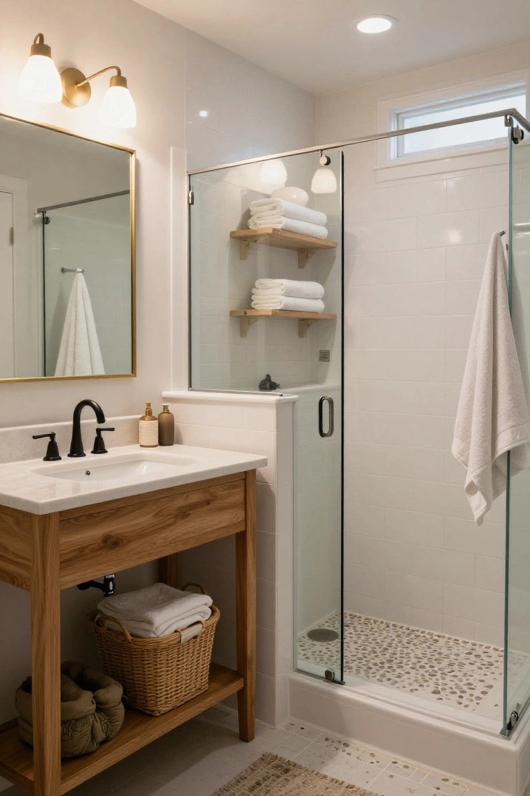 A bathroom with a light wood vanity featuring an open lower shelf holding woven baskets with towels, adjacent to a glass-enclosed shower with white subway tiles and pebble floor.