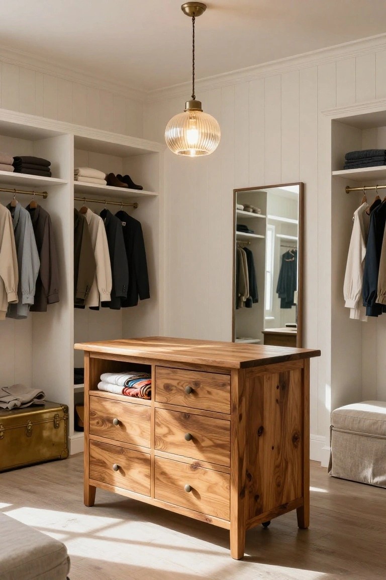 A walk-in closet with white built-in wardrobes on both sides, a central freestanding wooden island dresser with six drawers, a slim full-length mirror, a glass pendant light, and hardwood floors.