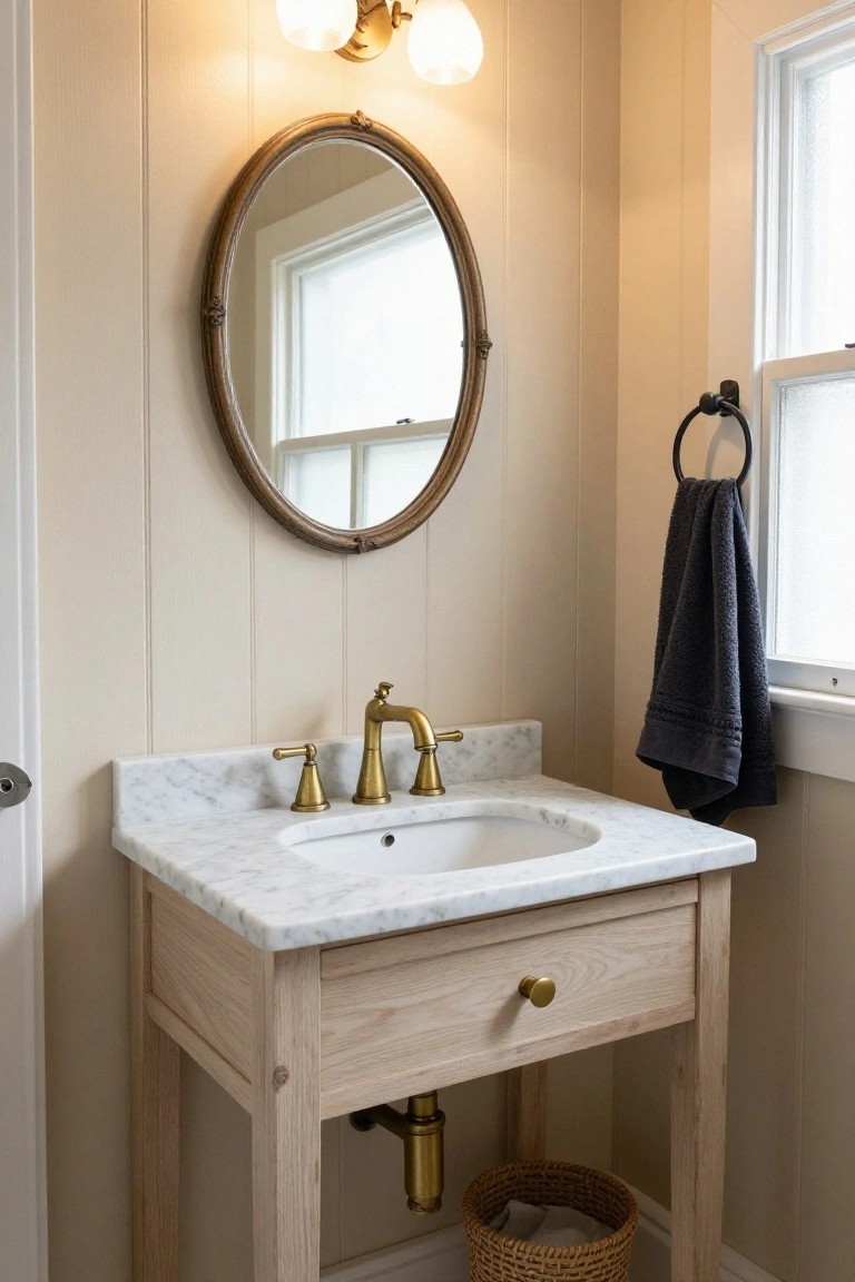 Light wood vanity with white marble countertop and brass faucet in a small bathroom with oval mirror, wall-mounted towel ring holding dark towel, and wicker basket nearby.