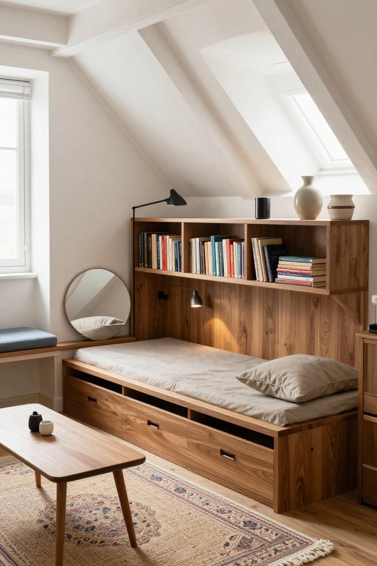 Cozy attic bedroom with wooden built-in platform bed, overhead bookshelves filled with books, integrated reading lamps, round mirror, bench, low wooden coffee table, and patterned rug on hardwood floor.