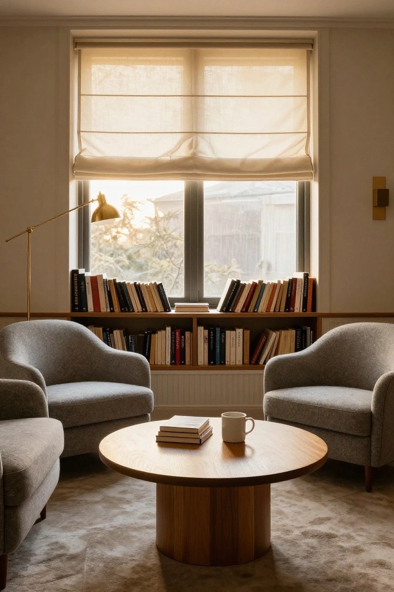 Two light gray curved armchairs face a round wooden coffee table with stacked books and a white mug in a room with built-in bookshelves flanking a large window covered by beige roller shades and a brass arched floor lamp nearby.