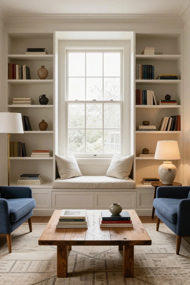 White built-in bookshelves flanking a large multi-pane window with a cushioned white window seat below, blue armchairs, wooden coffee table with stacked books, lamps, and a patterned rug in a light interior room.