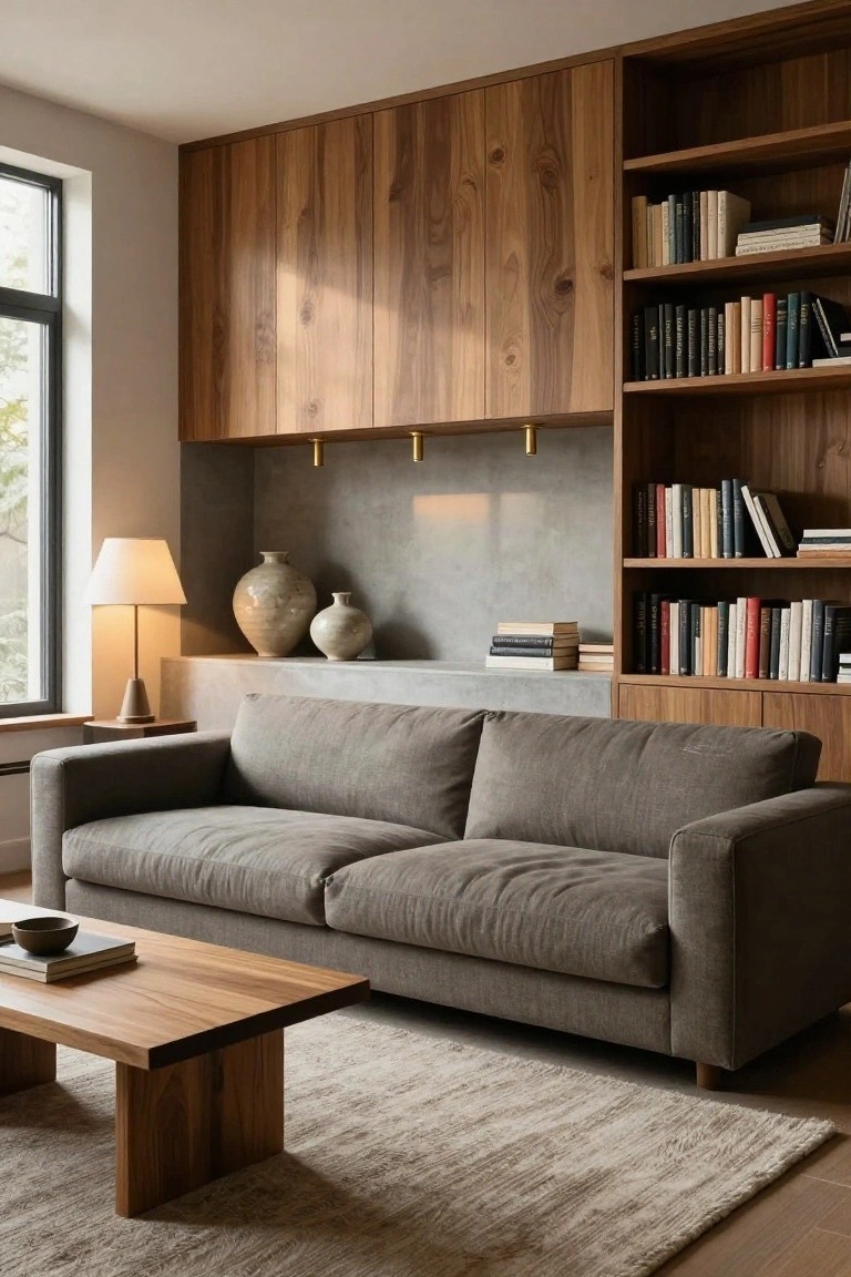 Modern interior room with floor-to-ceiling walnut wood paneling and built-in bookshelves filled with books, a gray fabric sofa, wooden coffee table, beige rug, ceramic vases on a gray niche wall, and a table lamp near a large window.