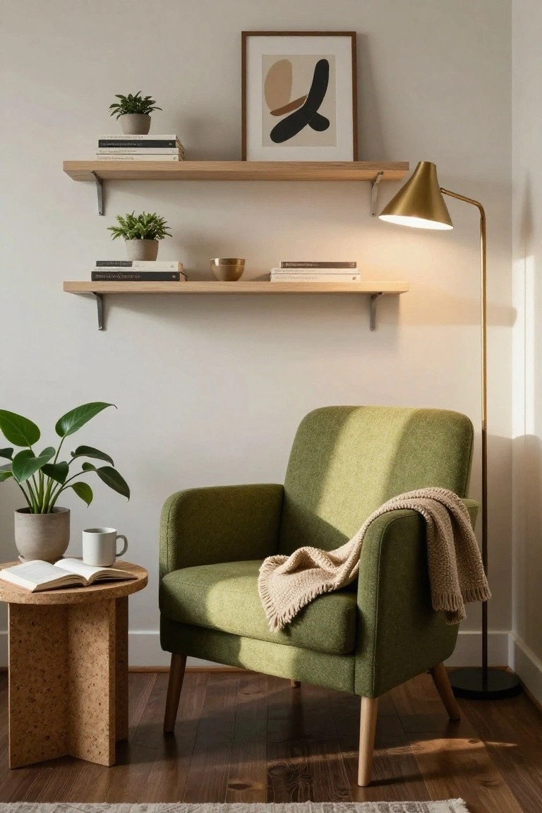 Green upholstered armchair with beige throw blanket next to cork side table holding open book and white mug, lit by brass floor lamp, oak floating shelves with books and plants on white wall, hardwood floor.