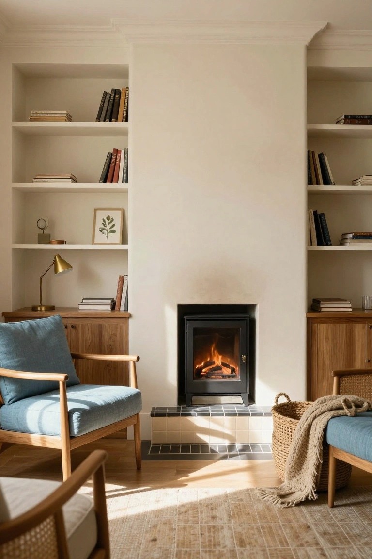Symmetrical built-in wooden bookshelves and cabinets flanking a lit black fireplace in a light-colored room with two armchairs, books, plants, and a basket.