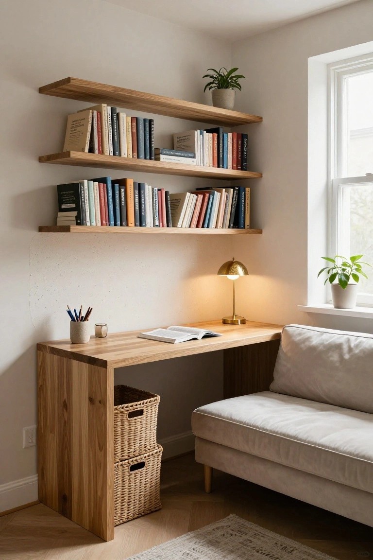 Wooden desk in room corner under two floating oak shelves filled with colorful books, brass lamp and open book on desk, plants on shelves and windowsill, beige sofa adjacent.