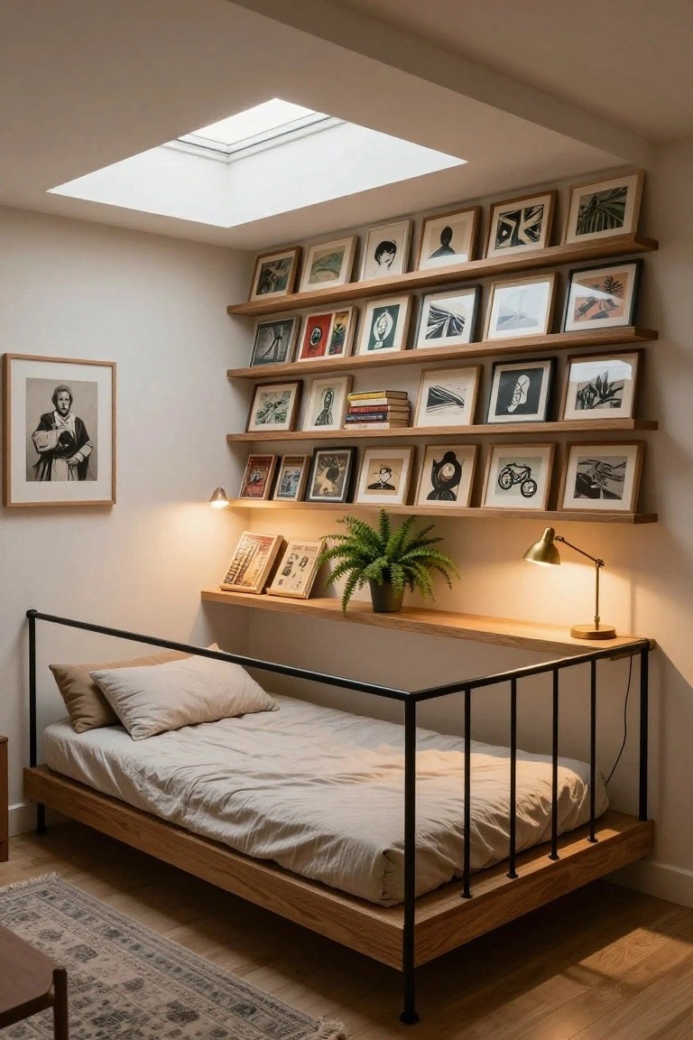 A small bedroom nook featuring a wooden daybed under multiple rows of oak floating shelves displaying assorted framed black-and-white artworks, colorful prints, books, and a potted plant, with wall lamps, a skylight above, and hardwood floors.