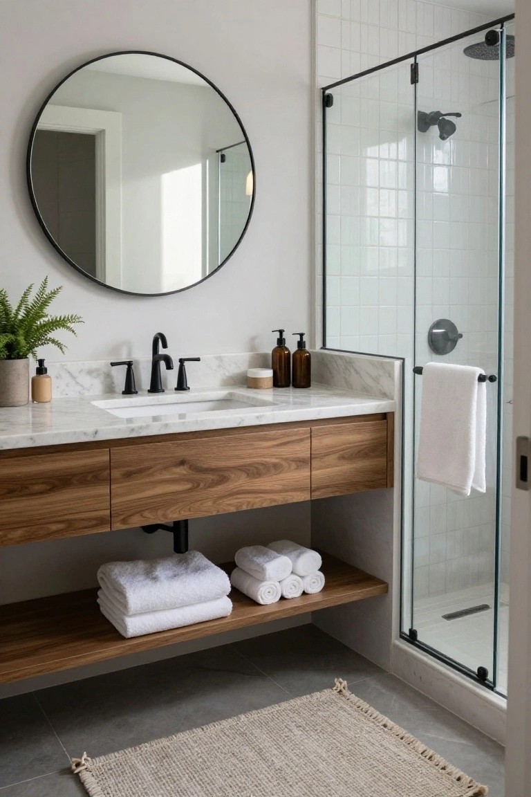 Modern bathroom with floating wood vanity, white marble countertop, black fixtures, round black mirror, glass shower enclosure with white tile, folded towels on shelves, potted plant, and light fringed rug on gray tile floor.