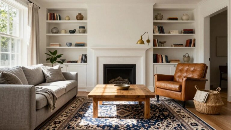 A transitional living room with a light gray sofa, wooden coffee table on a blue and cream Persian rug, built-in bookshelves filled with books and ceramics, a brick fireplace, potted plant, and sheer curtained window.