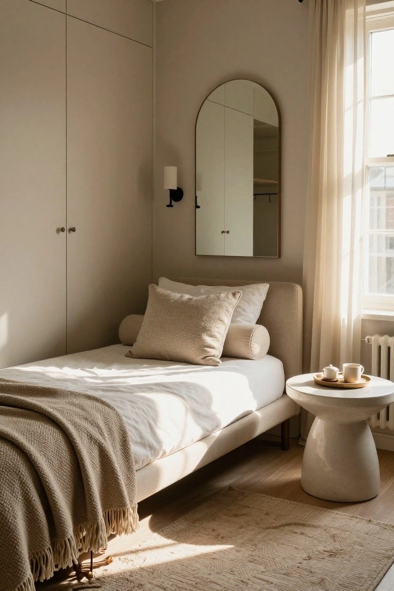 A small bedroom corner featuring a low-profile single bed with white sheets, beige pillows and throw, a white side table holding teacups and a tray, an arched mirror on beige wardrobes, sheer curtains over a window, and a light beige fringed textured rug on light wood floors.