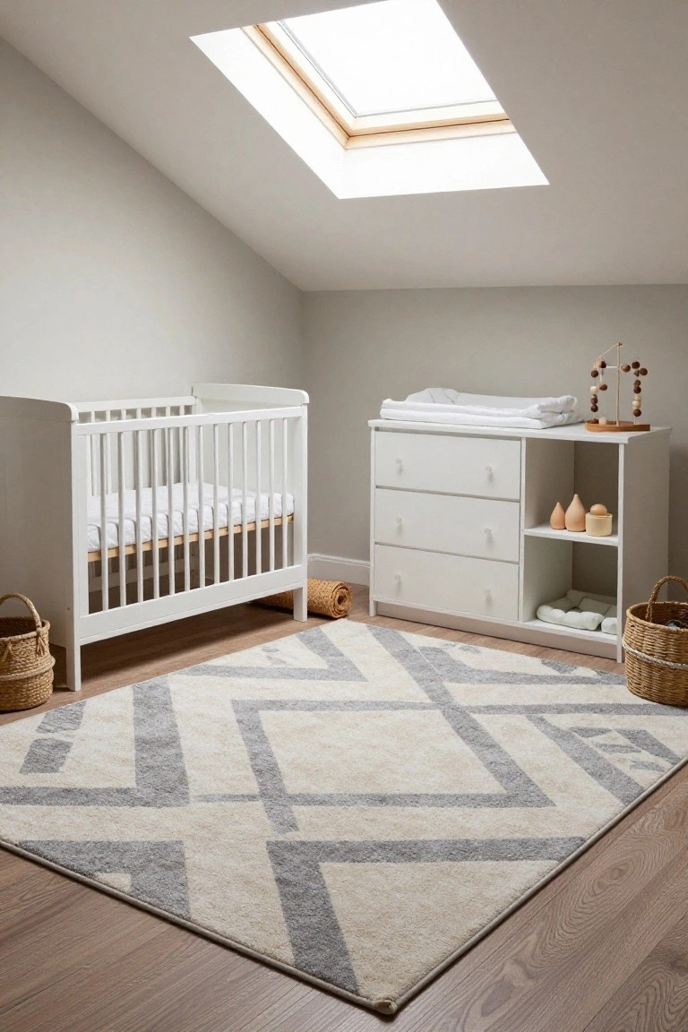 Light gray nursery room with white crib, changing dresser unit, beige geometric patterned rug, skylight in sloped ceiling, wooden toys, and wicker baskets.