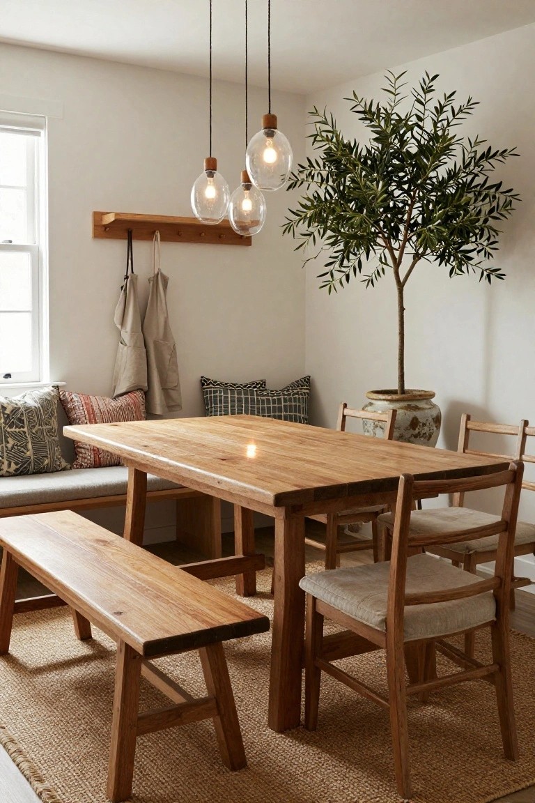 A rectangular wooden dining table with benches and chairs sits on a light tan jute rug in a white-walled corner room, featuring pendant lights overhead, a potted olive tree, and built-in bench seating with cushions.