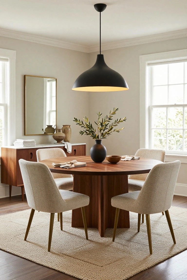 A transitional dining room with a round wooden table and four cream upholstered chairs on a light beige jute rug, flanked by a wood sideboard with black vase and pottery, black pendant light overhead, and windows on two sides.
