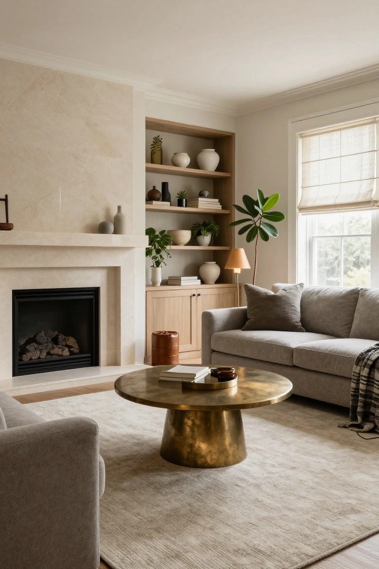 A transitional living room interior with a light beige textured rug under a gray sofa and brass coffee table, next to a beige stone fireplace and neutral shelving with plants.