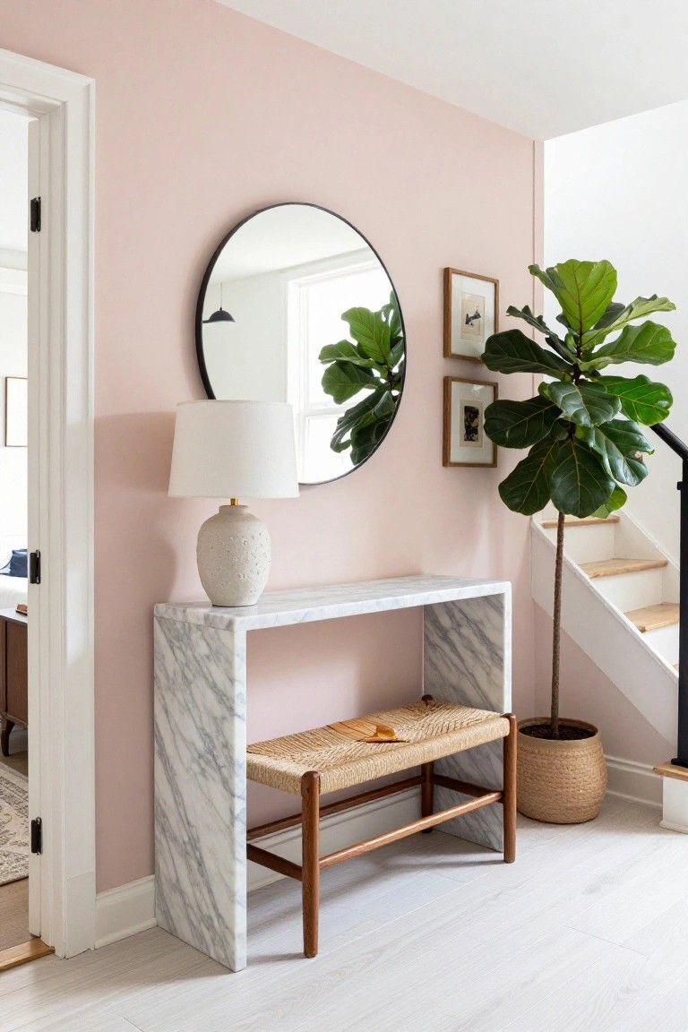 Blush pink entryway wall with white marble console table holding a white ceramic lamp and black round mirror, rattan bench below, fiddle leaf fig plant in woven basket next to black metal stair railing, open white door revealing adjacent room with beige rug on light wood floors.