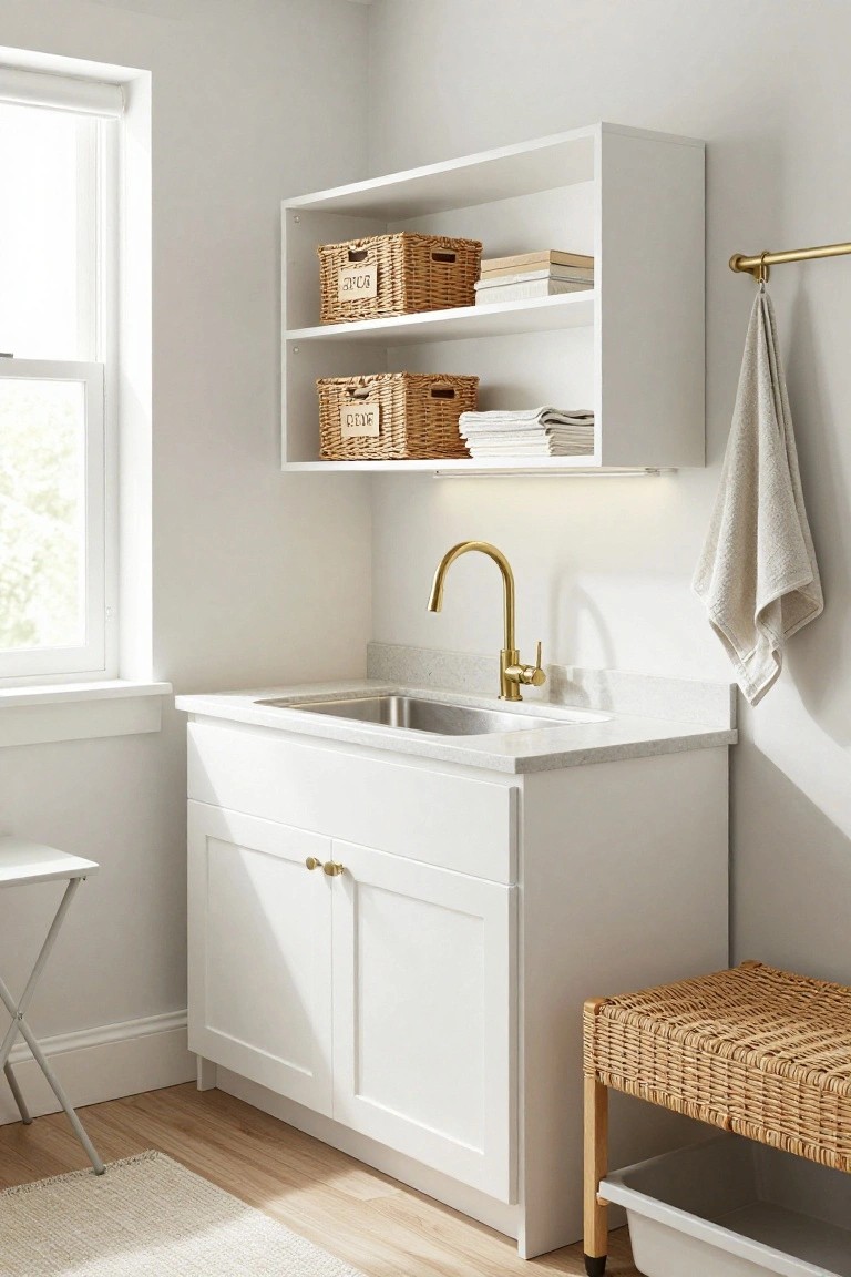White laundry room with open shelves holding labeled wicker baskets and folded towels, stainless sink under gold gooseneck faucet, woven stool with basket on wood floor next to small light textured rug.