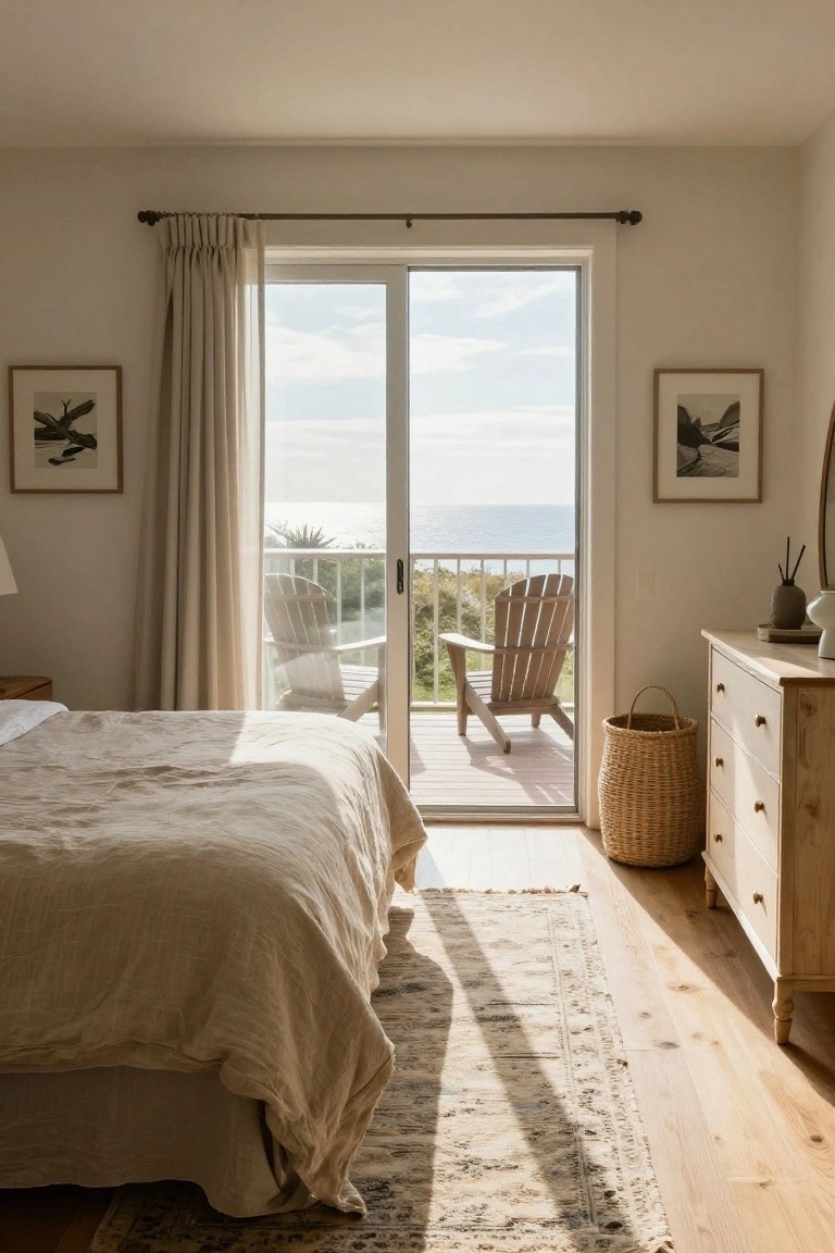 Sunlit bedroom with a bed covered in beige linens, wooden dresser, framed artwork, potted plants, sliding glass doors to a balcony with Adirondack chairs and ocean view, neutral patterned rug on oak floors.