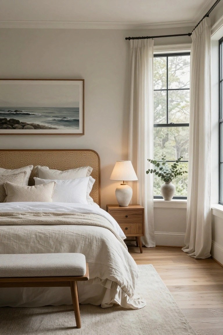 Transitional bedroom corner with rattan headboard bed draped in white linens, wood nightstand holding lamp and eucalyptus vase next to window with sheer curtains, light textured area rug on oak floors, and wood bench at bed foot.