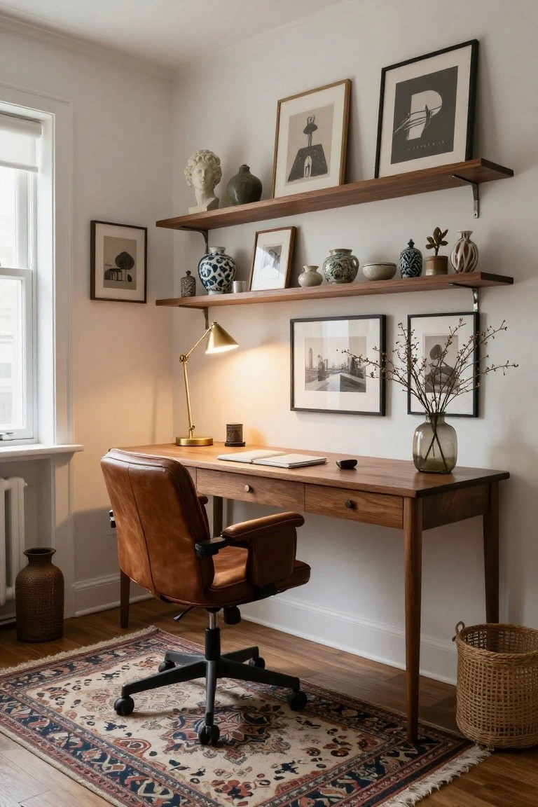 A cozy home office corner featuring a walnut desk with leather chair, floating wood shelves holding ceramics and art photos, a gold desk lamp, and a multicolored Persian-style rug on hardwood floors.