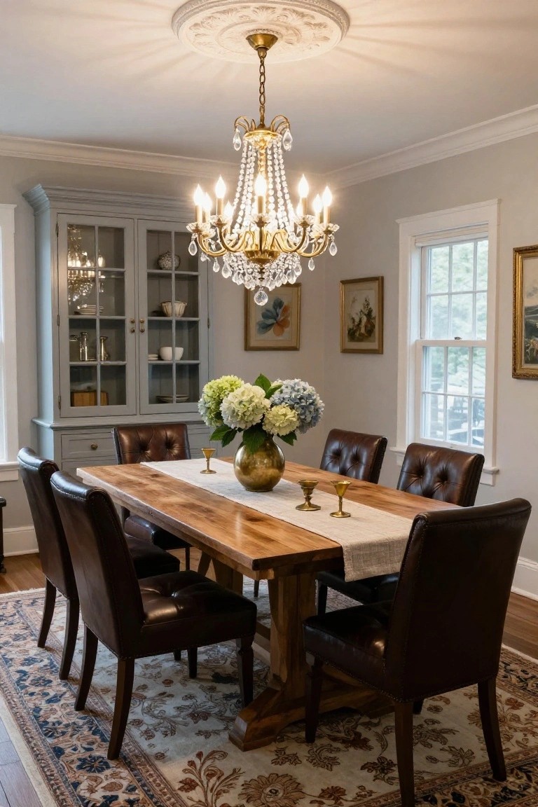 Dining room with rectangular wooden table and eight leather chairs on blue and cream oriental rug, gold chandelier overhead, gray glass-door cabinet, and paintings on light gray walls.