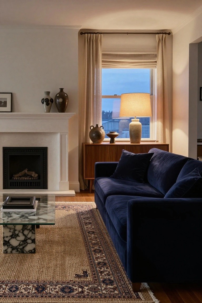 Living room with navy velvet sofa on a blue and red patterned Persian rug, white fireplace mantel with logs, wooden credenza holding ceramic vases, glass-top coffee table with books, large window with lamp and beige curtains.