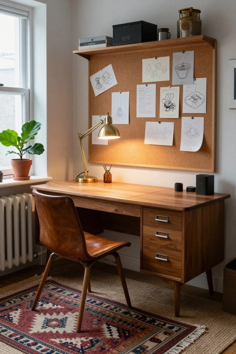 Home office with walnut desk, tan leather chair positioned on a red, navy, and cream patterned rug, brass desk lamp, corkboard pinned with sketches, potted fiddle leaf fig plant, and window with radiator below.