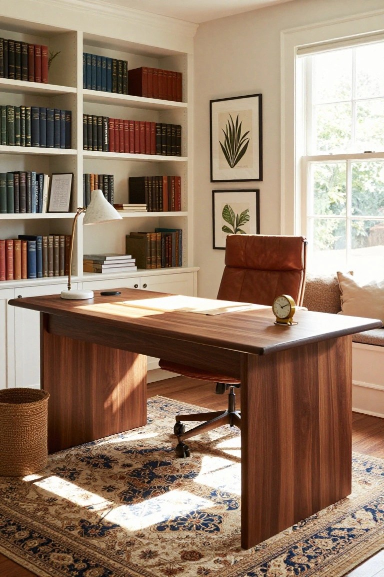 A transitional home office with white built-in bookshelves filled with leather-bound books, a large wooden desk with papers and a clock, a red leather desk chair, a wicker basket, and a blue and cream patterned Oriental rug on hardwood floors, sunlight entering through a large window.