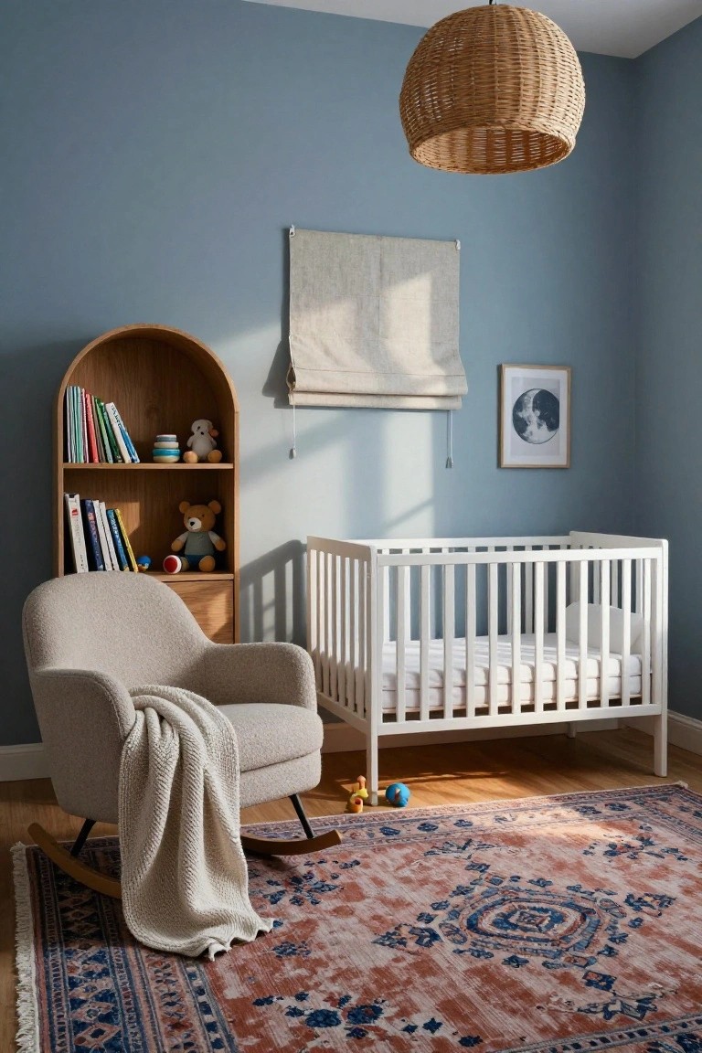 A nursery with light blue walls, white crib, arched wooden bookshelf stocked with books and toys, beige rocking chair with cream throw, rattan pendant light, and colorful patterned rug on hardwood floor.