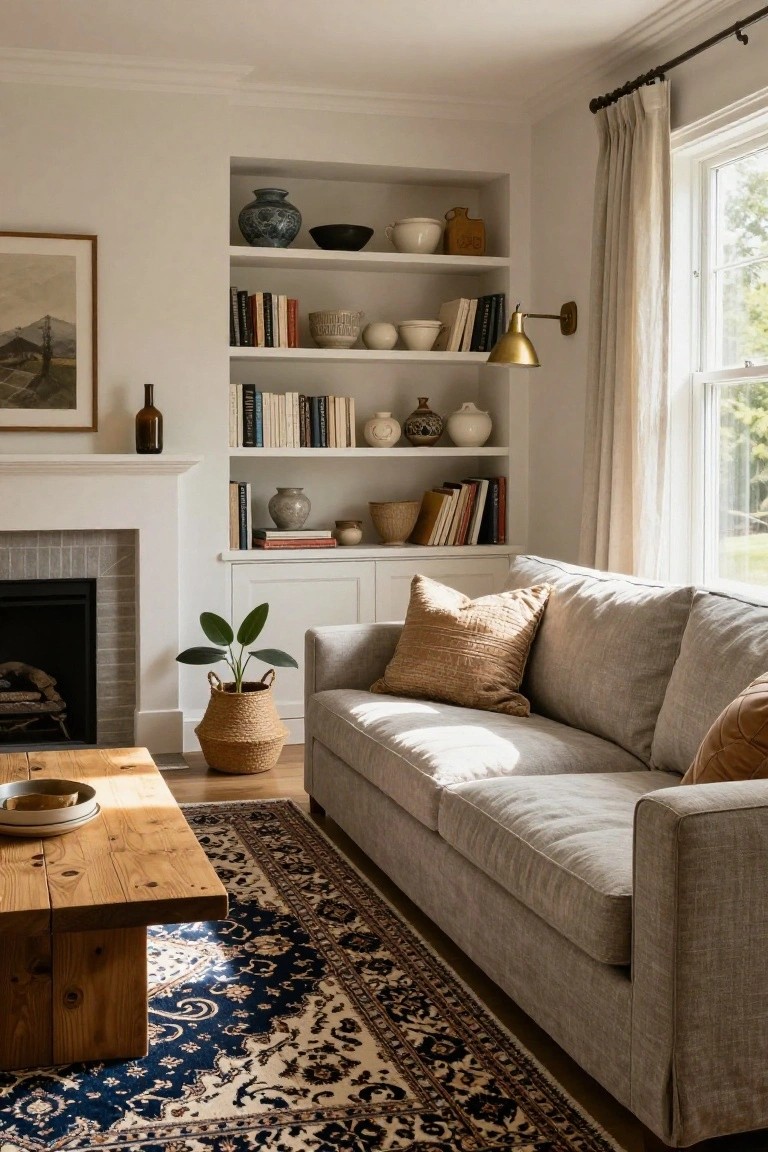 A transitional living room with a light gray sofa, wooden coffee table on a blue and cream Persian rug, built-in bookshelves filled with books and ceramics, a brick fireplace, potted plant, and sheer curtained window.