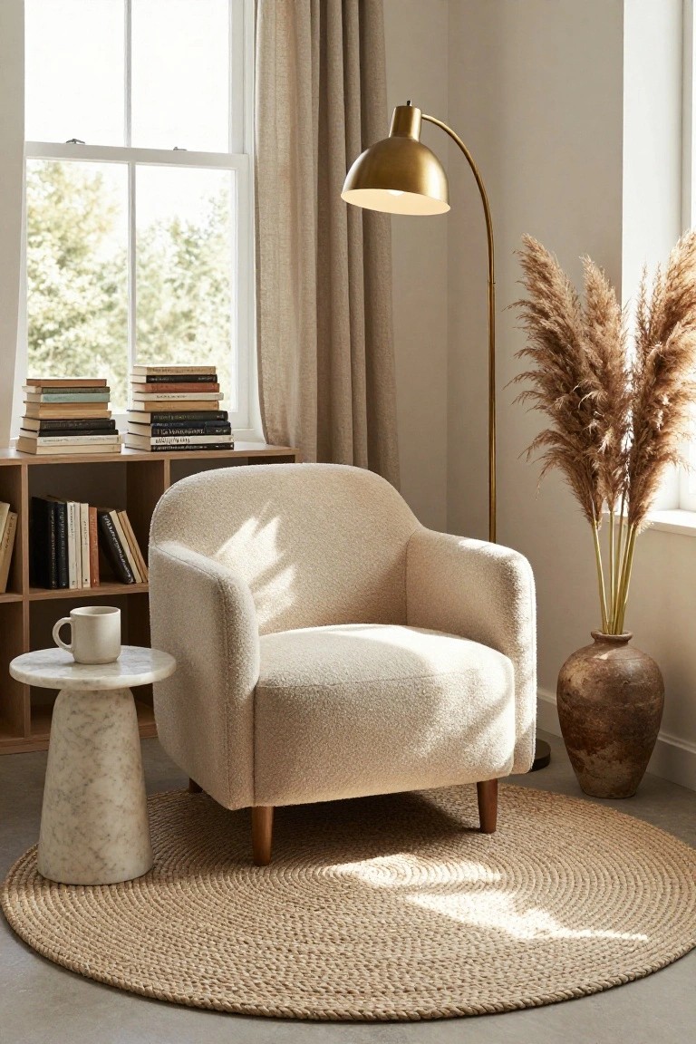 Cream bouclé armchair on a round beige seagrass rug next to a white marble pedestal side table holding a ceramic mug, with bookshelves, pampas grass in a terracotta vase, gold arc floor lamp, and linen curtains by a window in a light room.