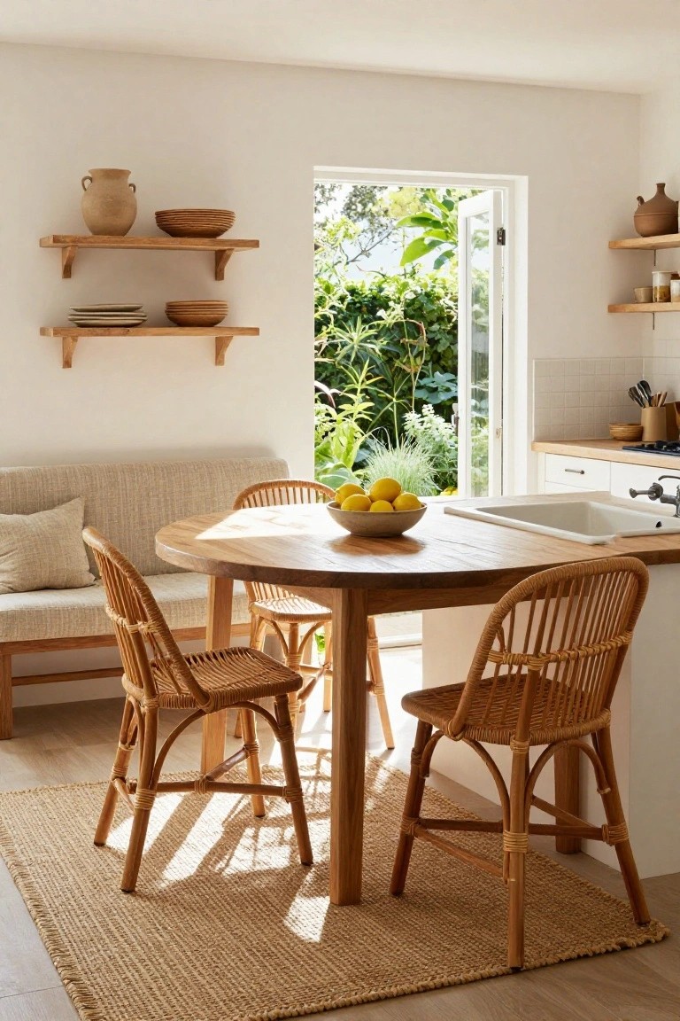 A light kitchen dining area with a round wooden table on a tan seagrass rug, rattan chairs, a built-in bench with cushions, open wooden shelves holding pottery and dishes, a bowl of lemons on the table, white cabinets, and French doors open to a green garden.