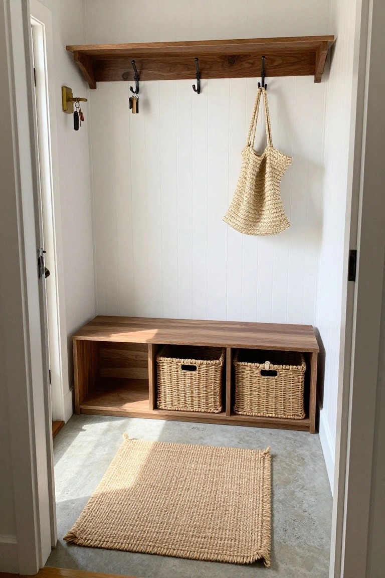 Small indoor entryway with walnut wood wall shelf and hooks holding keys and a straw bag, wooden bench with open cubbies and wicker baskets below, and rectangular beige woven seagrass rug on polished concrete floor.