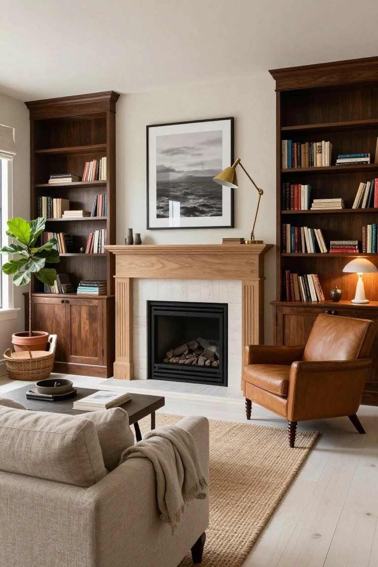 Living room with tall wooden bookshelves flanking a fireplace on a tiled hearth, beige linen sofa, tan leather armchair, seagrass rug, and large abstract photo on the wall.
