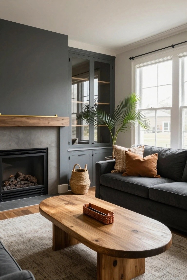 Living room with dark gray walls and built-in cabinets flanking a concrete fireplace under a wood mantel, gray sofa with textured pillows, oval wood coffee table holding a basket, seagrass basket on floor, potted palm plant, and large windows.
