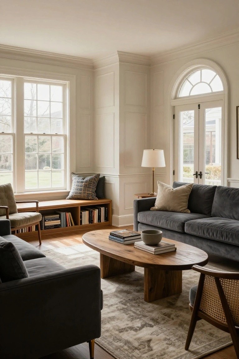 White paneled living room with gray velvet sofas around an oval wooden coffee table, wooden built-in bench with bookshelves under a tall window, rattan armchair, table lamp, and neutral rug on hardwood floor.