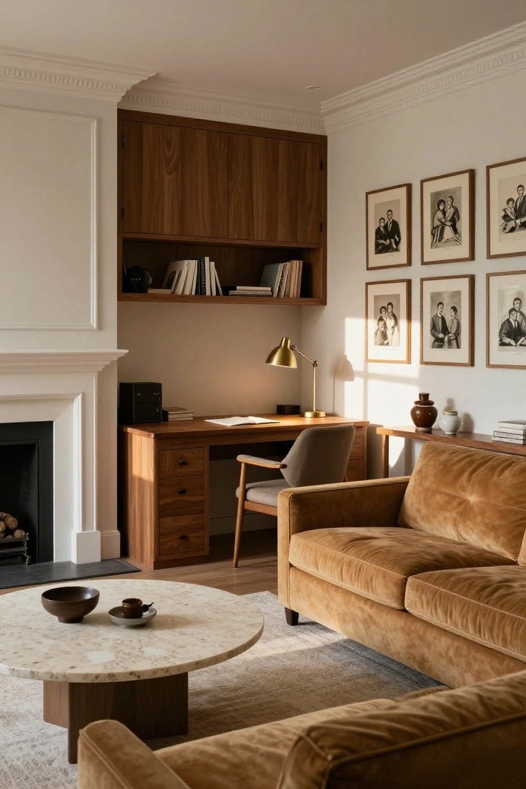 A living room interior with built-in walnut wood cabinets above a wooden desk, a mustard velvet sofa, marble-top coffee table, white fireplace, and framed black-and-white photos on white walls with crown molding.
