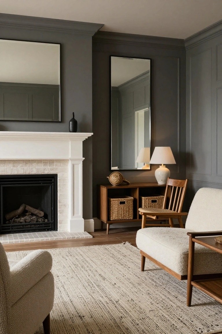 Living room featuring charcoal gray paneled walls, white brick fireplace with fire burning, tall slim mirrors flanking the mantel, wooden sideboard and chairs, cream bouclé armchairs, and neutral woven rug on hardwood floor.