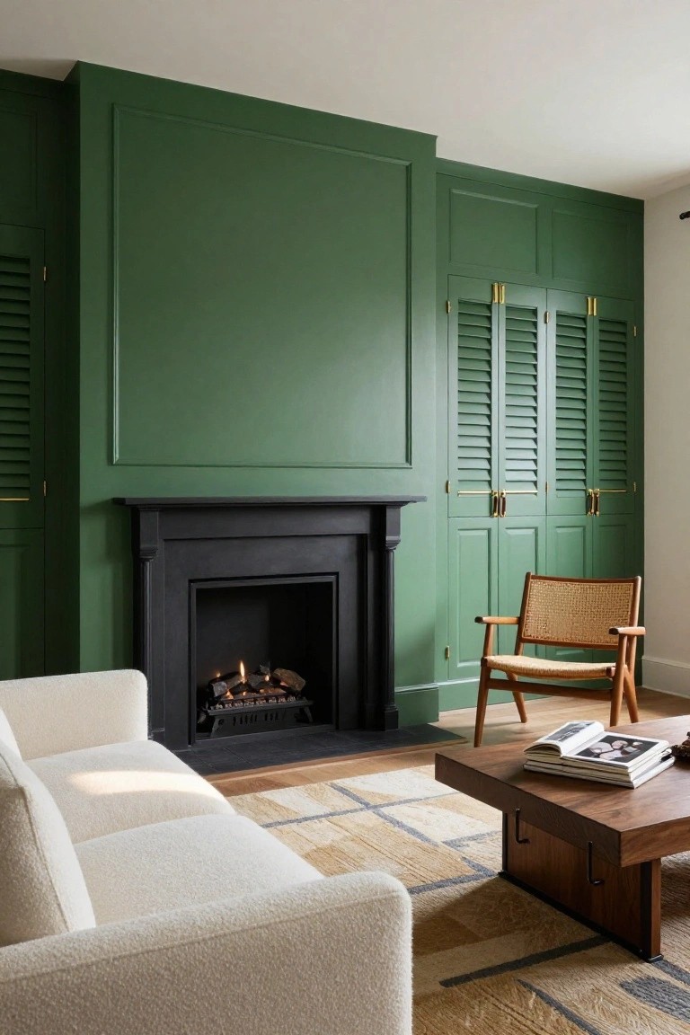 Living room with deep green paneled walls, louvered green cabinet doors, black fireplace mantel with gas fire, cream bouclé sofa, rattan armchair, wooden coffee table, and neutral patterned rug on wood floor.